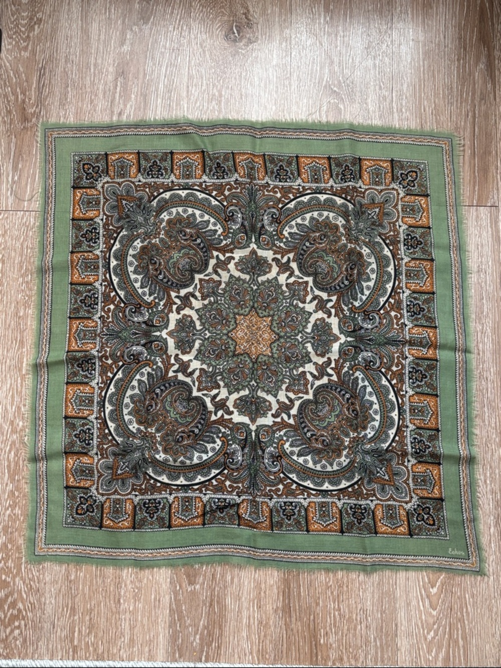 vintage Echo paisley print scarf, green/brown/orange. 24” square